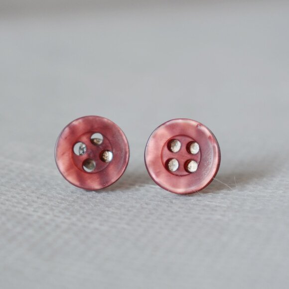 Burgundy Pink Button Stud Earrings - Picture 2 of 6